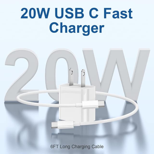 Detalle de 20W USB-C iPhone Charger with 10ft USB-C to USB-C Cable (2-Pack) for iPhone 17/16/15, iPad, and USB-C Devices