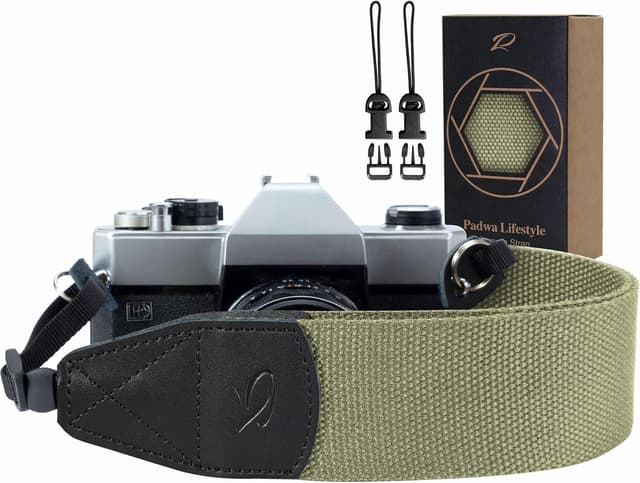 Detalle de Padwa Lifestyle Light Green Camera Strap (2-inch wide) – cowhide head cotton-woven vintage-style strap for photographers