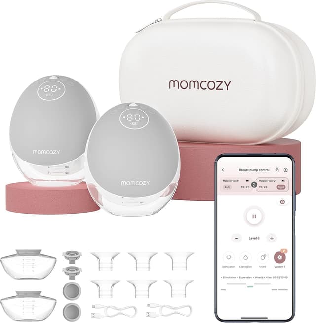 Detalle de Momcozy Mobile Flow M9 Upgrade Freihändige Milchpumpe (App-Steuerung, 15 Stufen) – Grau, 2 Stück, 24 mm