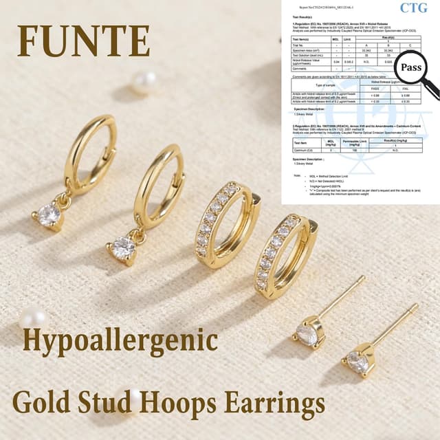 Detalle 2 de 14K Gold Stud Hoop Earrings Set for Women – 3-size dainty hoop & stud stack earrings, hypoallergenic CZ sparkle