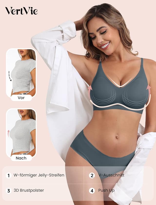 Detalle de Vertvie Nahtloser Damen-BH ohne Bügel mit Soft-Polstern und V-Ausschnitt (seamless)