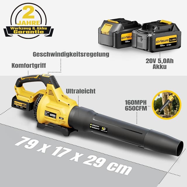 Thumbnail 6 de GEVEELIFE Akku-Laubbläser 20V mit 3 Gängen – bis 257 km/h, inkl. 2× 5,0Ah Akkus