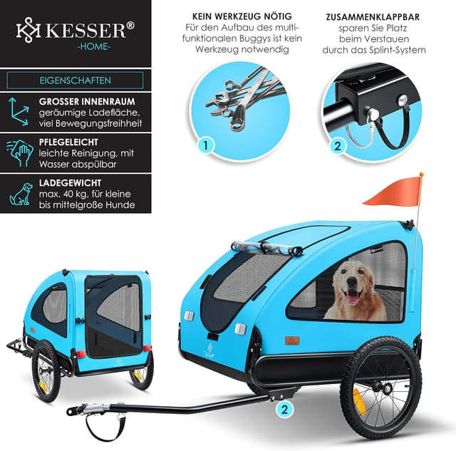 Detalle de KESSER® Hundeanhänger Boxer 2-in-1: Hundebuggy/Fahrradanhänger für bis zu 45 kg – ca. 250 l, klappbar