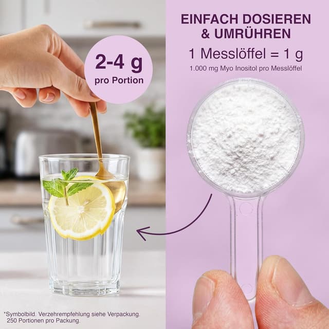 Detalle de Myo-Inositol Pulver 250 g (100% reines Myo-Inositol) – 4.000 mg pro Portion, vegan & geschmacksneutral inkl. Dosierlöffel