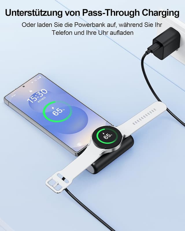 Detalle 2 de Mini Powerbank für Samsung & Galaxy Watch (5000 mAh, 3-in-1) – kompakter Notstrom mit Schnellladefunktion