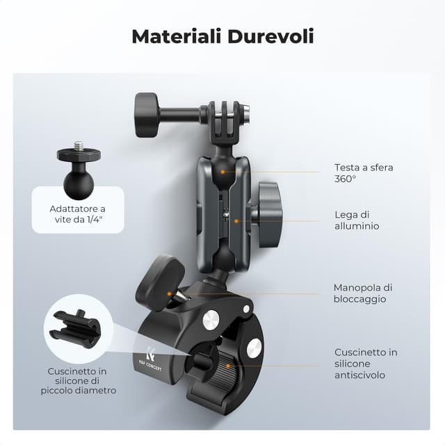 Thumbnail 6 de K&F CONCEPT MS-100 morsetto a granchio universale per tubi con attacco sfera 1/4”-20 e accessori per action cam e smartphone