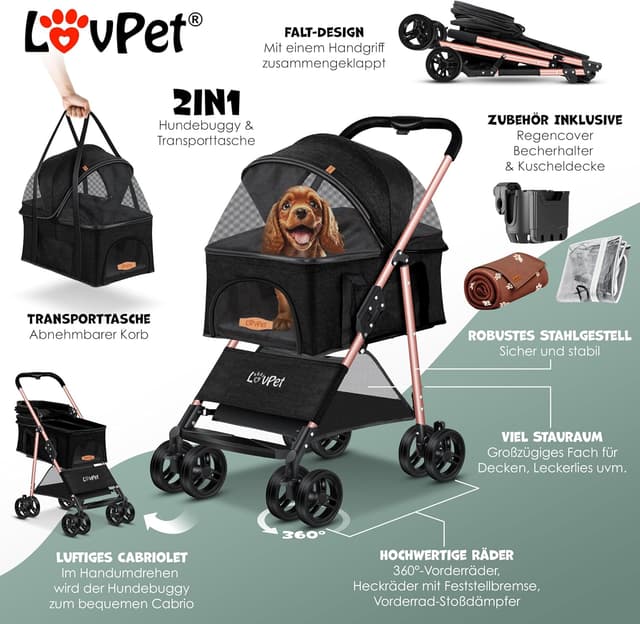 Detalle 2 de LOVPET® Hundewagen 2in1 als Hundebuggy & Hundebox, faltbar bis 20 kg, mit 360°-Drehrädern