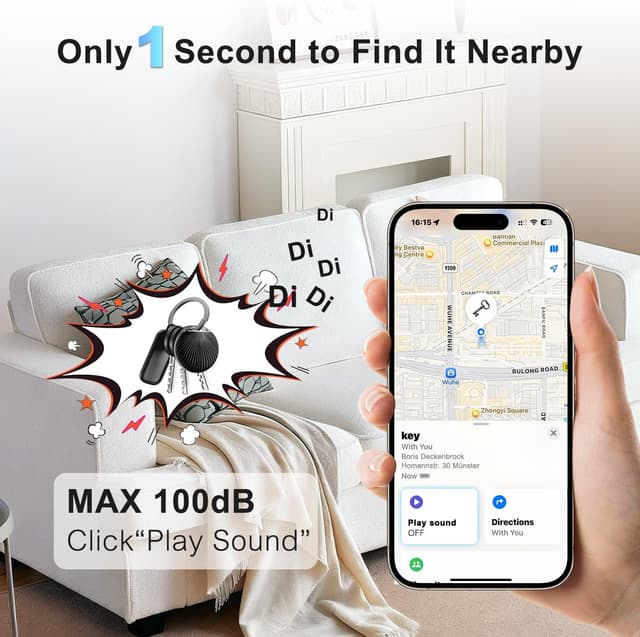 Detalle de Air Tracker Tag compatibile con Apple Dov’è (solo iOS), 4 pezzi Smart Bluetooth nero con batteria sostituibile (Air Tracker Tag per chiavi e oggetti)