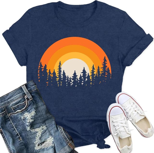 Detalle de Qskall Women’s Hiking T-Shirt – Adventure Forest Sunset Tee for Camping & Everyday Wear