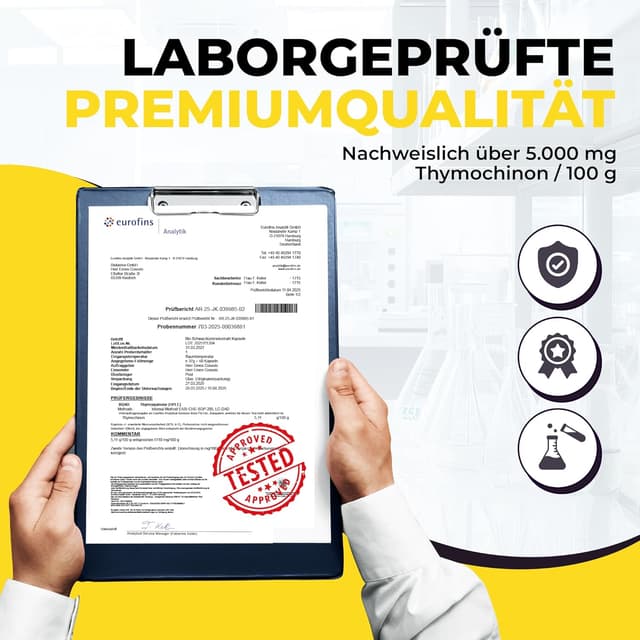 Detalle de Premium BIO Schwarzkümmelöl Kapseln (Nigella sativa) – 5.000 mg Thymochinon, 60 vegane Kapseln im lichtgeschützten Violettglas