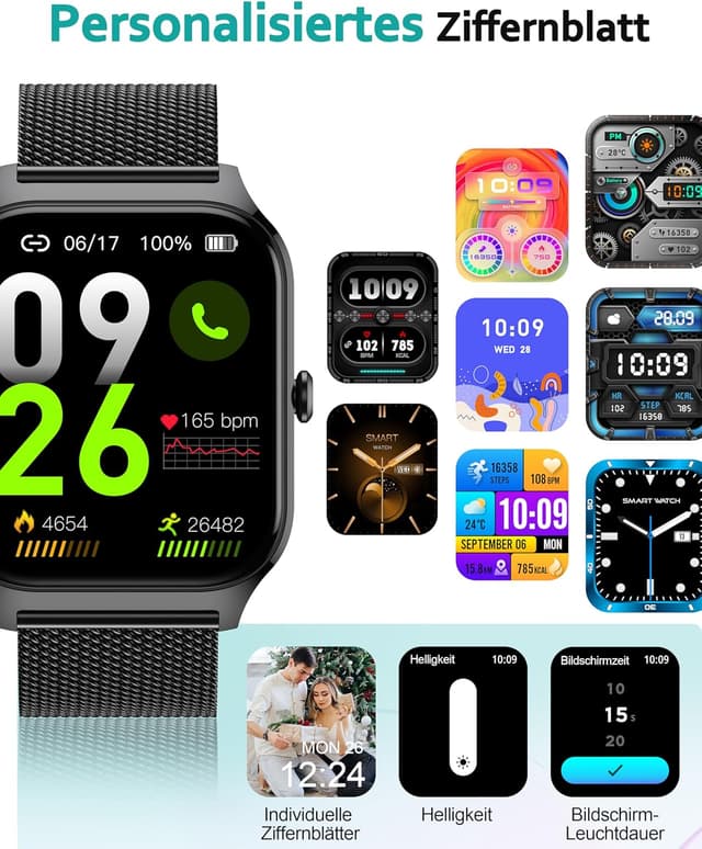 Detalle 2 de Popglory Smartwatch P125 mit Telefonfunktion – Gesundheitsmonitor, 1,85" HD-Display & Fitnessuhr