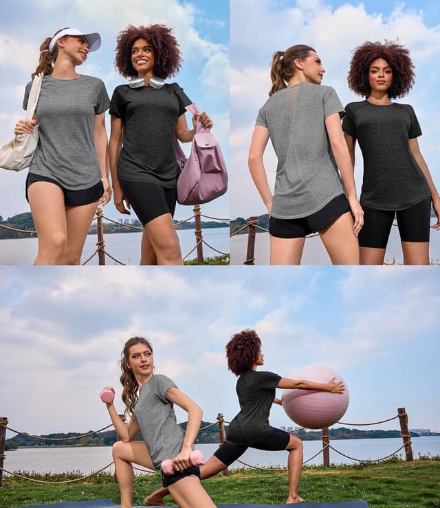 Detalle de Gyabnw Damen Sportshirt mit Rundhals und atmungsaktivem Mesh-Design für Lauftraining, Yoga & Fitness