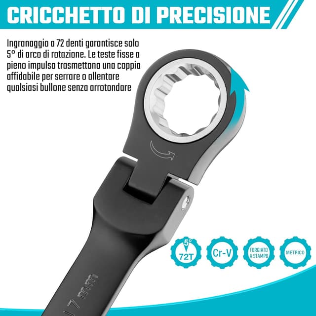 Detalle de DURATECH set di chiavi combinate a cricchetto con testa flessibile, 72 denti (9 pezzi) con custodia