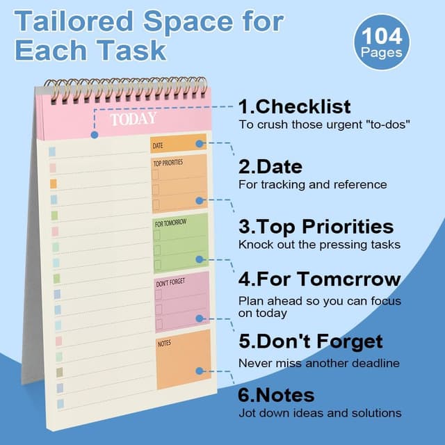 Detalle de OFFCUP To Do List Planner A5 non datato, 2 pezzi da 52 fogli (104 pagine) con rilegatura a doppia spirale