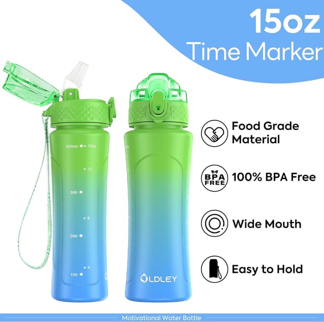 Detalle de OLDLEY 450ml/15oz kids water bottle with straw, one-touch lid and time markings (BPA-free, leakproof)