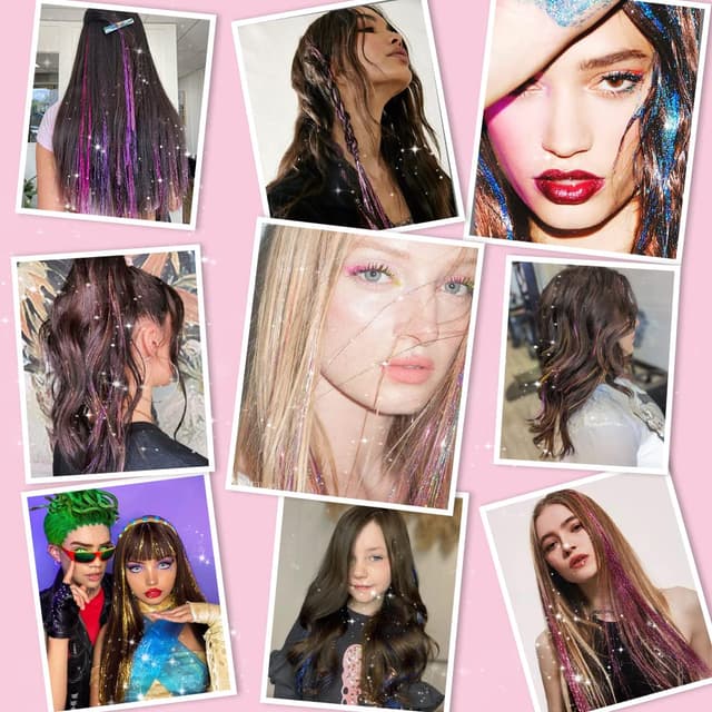 Detalle 2 de Hair Tinsel Pack of 12 Clip-In Glitter Extensions (20 Inch) — Colorful Party Hair Accessories for Women & Girls