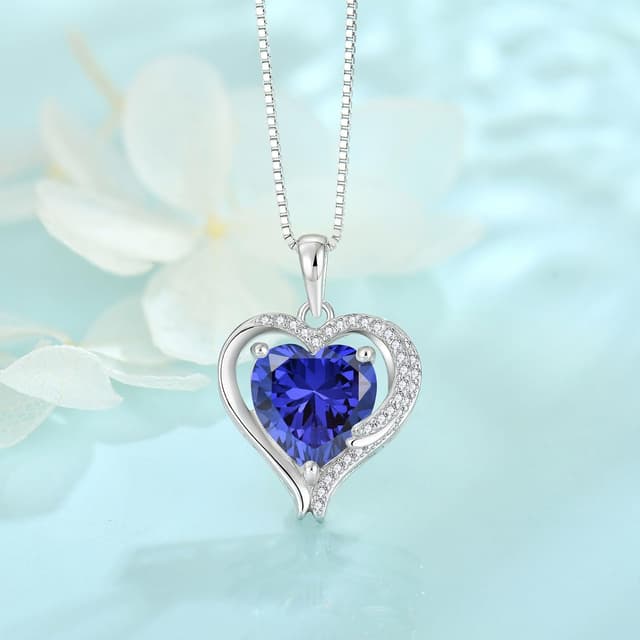 Detalle de FJ Herz-Kette Damen 925 Sterling Silber mit Engelsflügeln & Zirkonia – Geburtsstein Halskette für Mama, Freundin