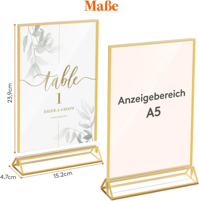 Detalle 2 de Lifewit 6er Pack Tischaufsteller A5 aus Acryl mit goldenen Rändern (doppelseitig) – Menü- & Tischnummernhalter