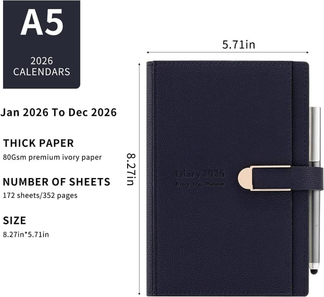 Thumbnail 3 de Mljtoyo Terminplaner 2026 (A5) – Tagesplaner mit Stift, Hardcover & 1 Tag pro Seite (Jan–Dez 2026)