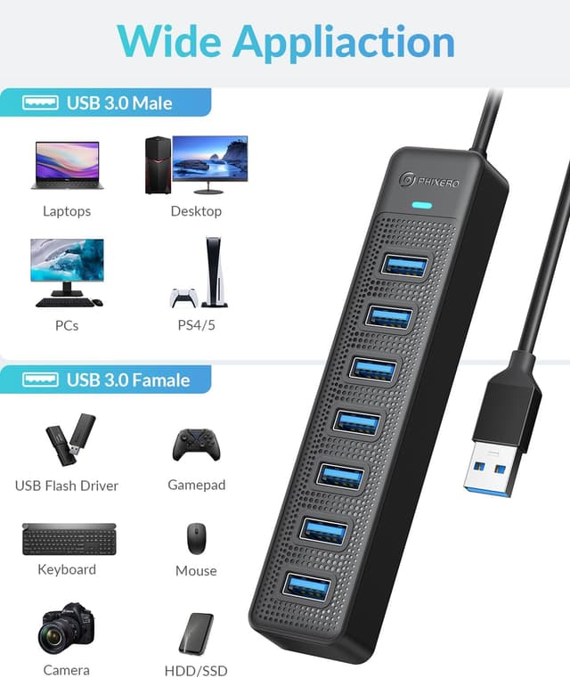 Thumbnail 6 de PHIXERO 7-Port USB 3.0 Hub mit 100 cm Kabel (5 Gbit/s, 7 Anschlüsse)