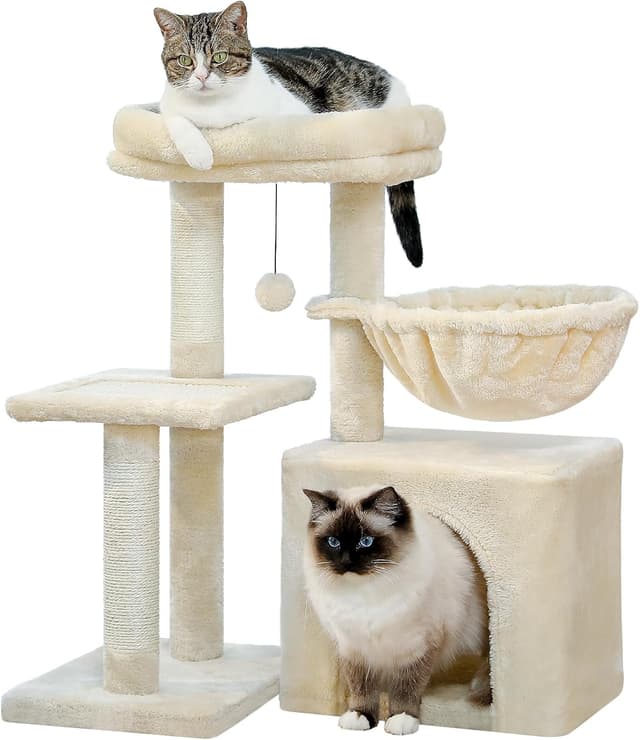 Detalle de PAWZ Road Small Cat Tree (73cm) with Big Hammock, Removable Top Perch & Scratching Posts – Beige