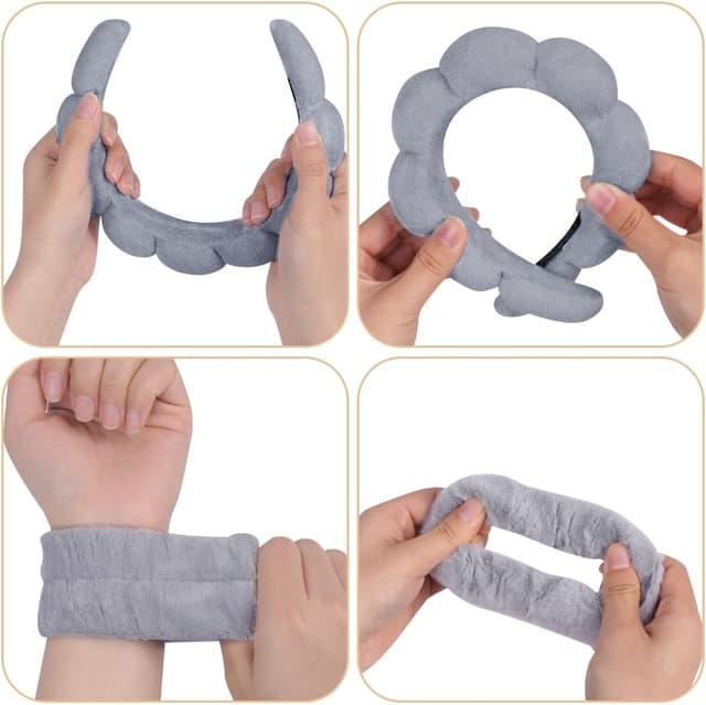 Detalle de Alaoo Fascia Capelli Donna Trucco: set da 4 pezzi per lavare il viso, applicare il trucco e fare la doccia (grigio)