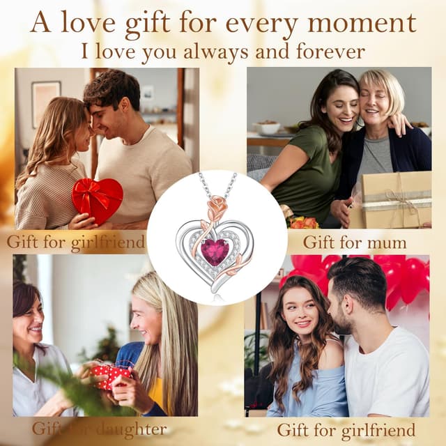 Detalle 2 de LAVUMO Collier femme argent sterling 925 et laiton, pendentif double cœur rose et fleur avec pierre de naissance