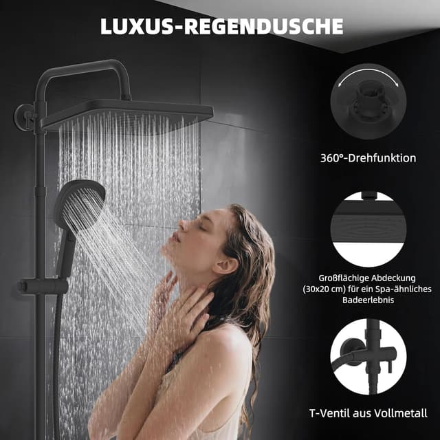 Detalle de Hibbent selbstreinigender Regenduschkopf-Set mit Edelstahl-Duschstange, 4-Wege Handbrause – höhenverstellbar, schwarz