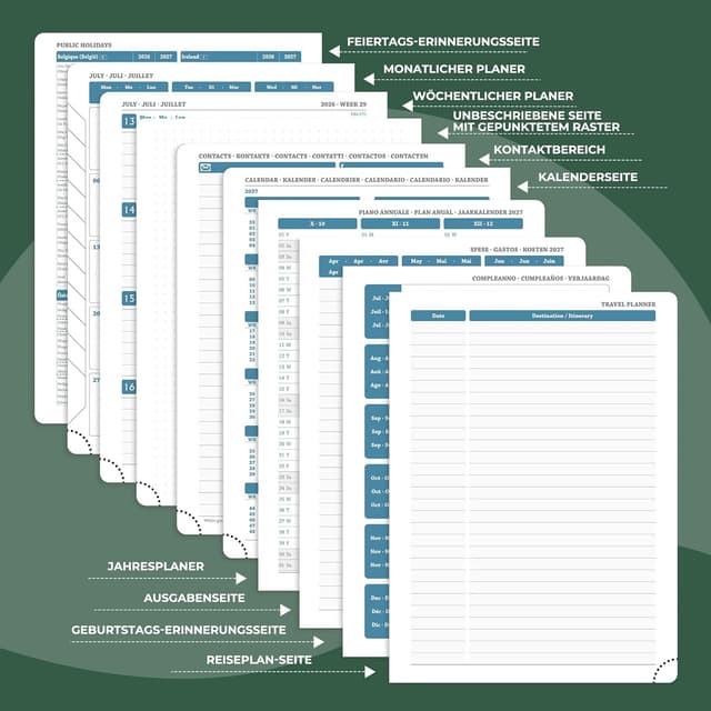 Detalle 1 de IN-LUXPRO Kalender 2026/2027 Wochenplaner (18 Monate) A4 Quergrün mit Notizseiten