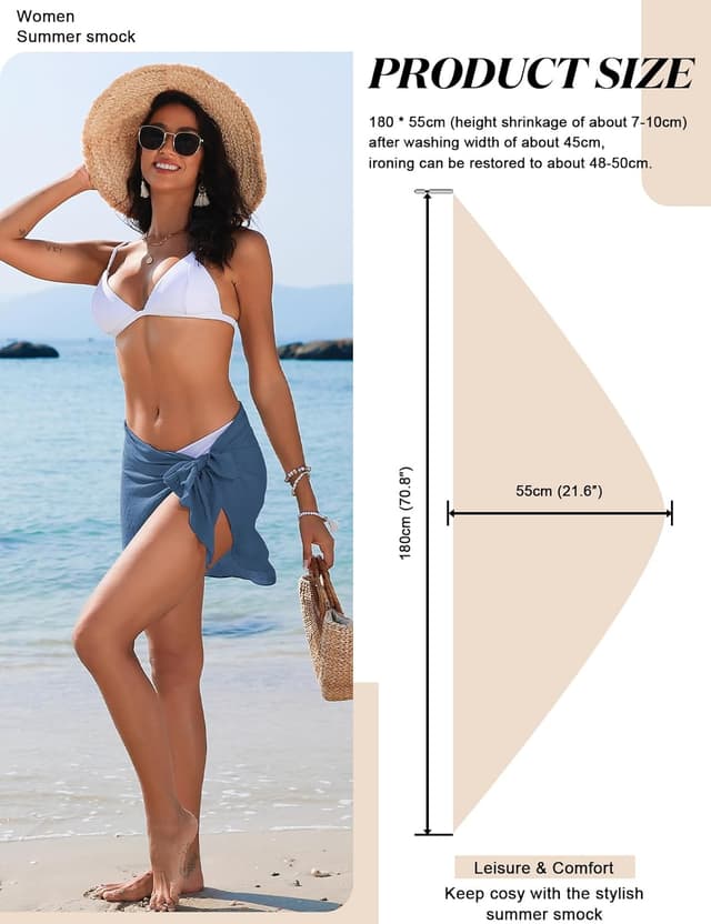 Detalle de Tuopuda pareo donna da mare 180 x 55 cm: copricostume sarong corto elegante per spiaggia, piscina e viaggio