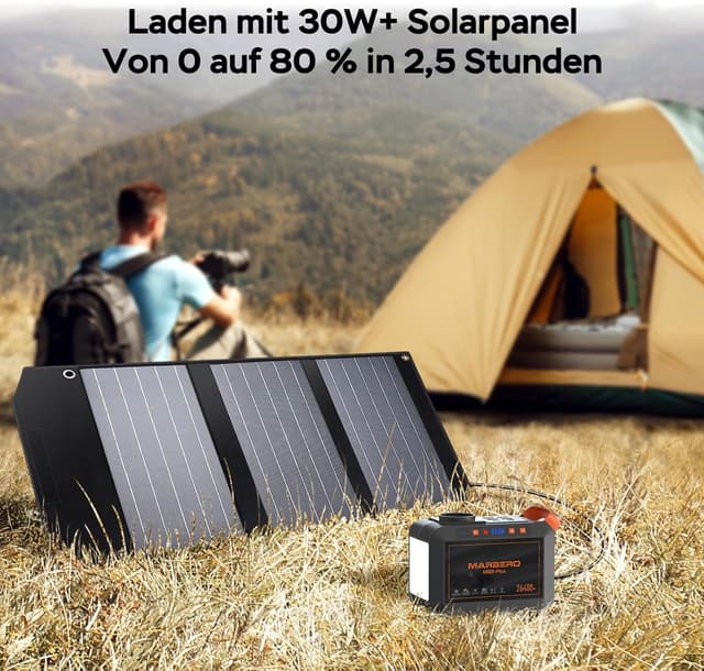 Detalle 2 de MARBERO Tragbare Powerstation 98 Wh mit 21 W Falt-Solarpanel (26400 mAh, 120 W Reine Sinuswelle) für Camping & Notstrom