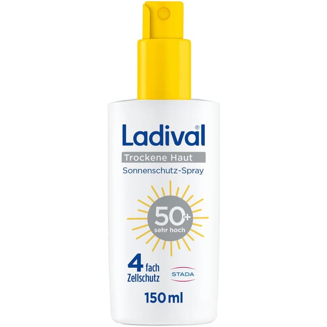 Detalle de Ladival Sonnenschutz Spray LSF 50+ für trockene Haut (bei Neurodermitis-Neigung) – wasserfestes Spray mit Hyaluronsäure, 150 ml