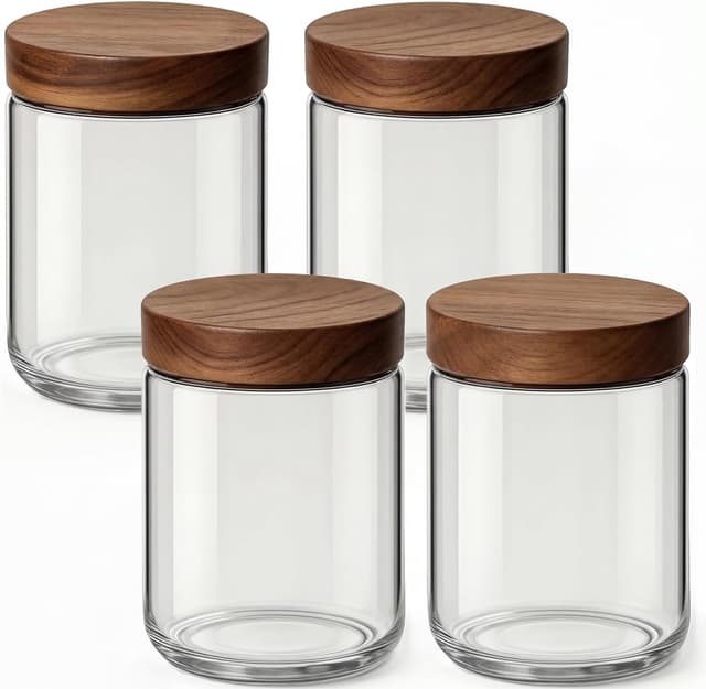 Detalle de Osfel 16oz 4-Pack Overnight Oats Containers with Acacia Wood Airtight Lids (Glass Mason Jars)