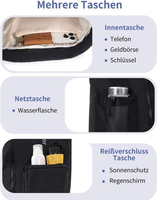 Detalle de WANDF Turnbeutel mit Schuhfach und Nassschutz – Sportbeutel mit Kordelzug, 24 Liter (Schwarz)