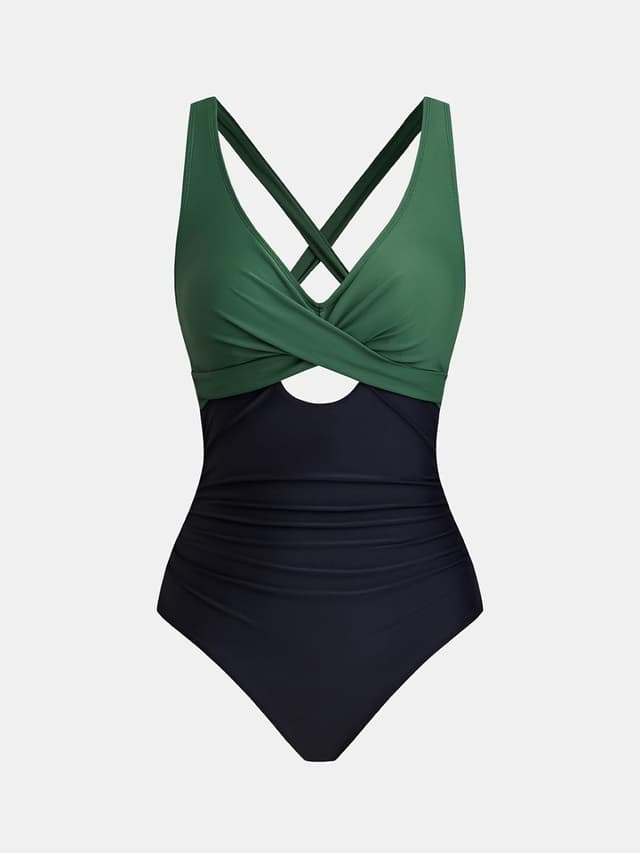Detalle de CUPSHE Damen-Badeanzug mit Wickeloptik und V-Ausschnitt – einteilig mit Bauchkontrolle & Raffungen