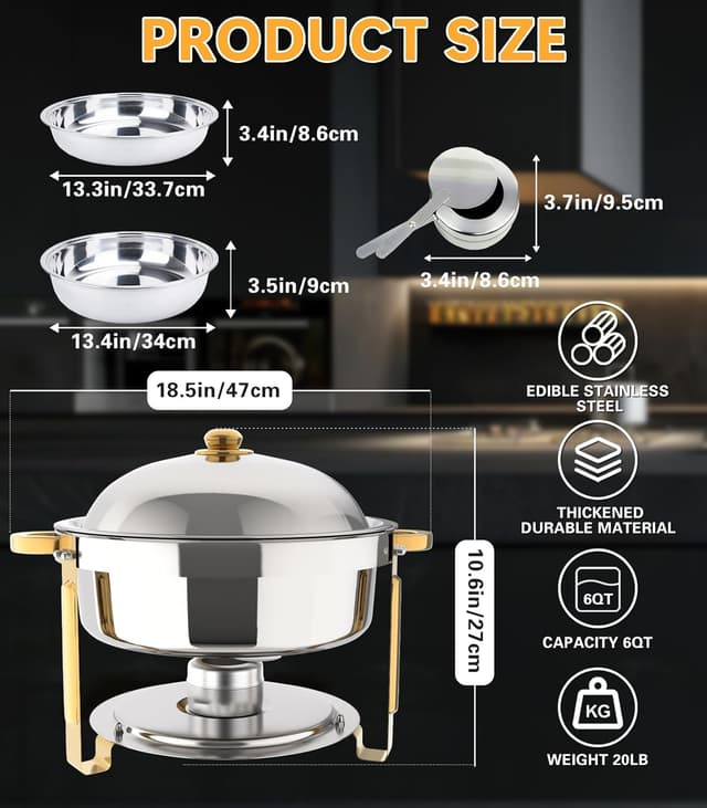 Detalle de Chafing Dishes for Buffet (4 Pack) 6QT Round Stainless Steel Buffet Food Warmers Set