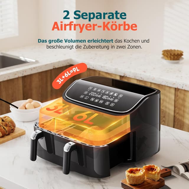 Detalle de Heißluftfritteuse mit 2 Kammern (3L & 6L) – 9L Airfryer, Touchscreen, 6 Programme, 2850 W