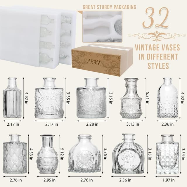 Detalle 2 de Arme Glass Bud Vase Set of 32 Pcs — Small Clear Bud Vases for Vintage Centerpieces