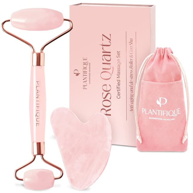 Detalle de PLANTIFIQUE Rosenquarz Face Roller & Gua Sha Set für Gesichtsmassage