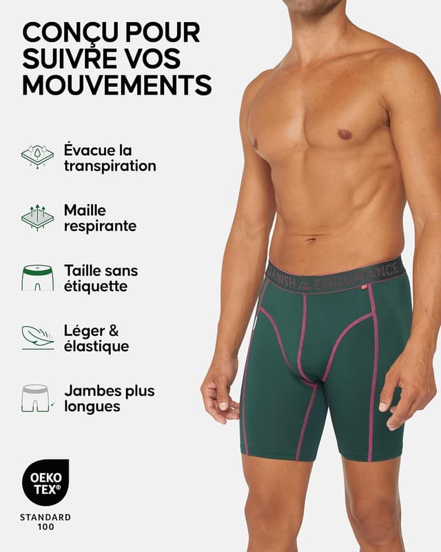 Detalle 2 de DANISH ENDURANCE Boxers de course anti-frottements pour hommes (lot de 3) – jambes normales ou longues