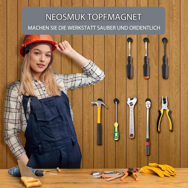 Detalle 2 de Neosmuk Magnete (17 mm Durchmesser), schwarz, mit Loch – ideal für Holzwand, Whiteboard, Tür & Küche (10 Stück)