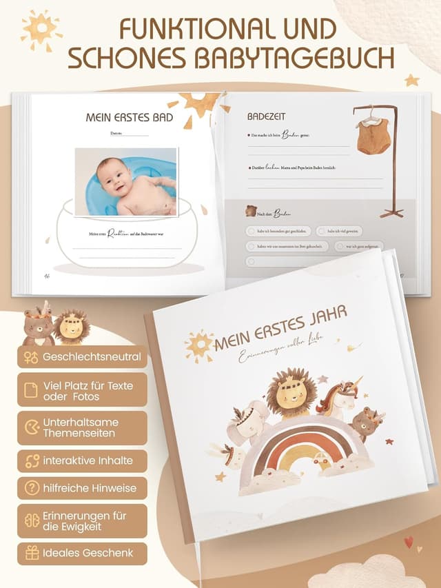 Detalle de Babybuch „Mein erstes Jahr“ – Babyalbum Erinnerungsbuch für das 1. Lebensjahr im Boho-Stil (21,5 x 21,5 cm)