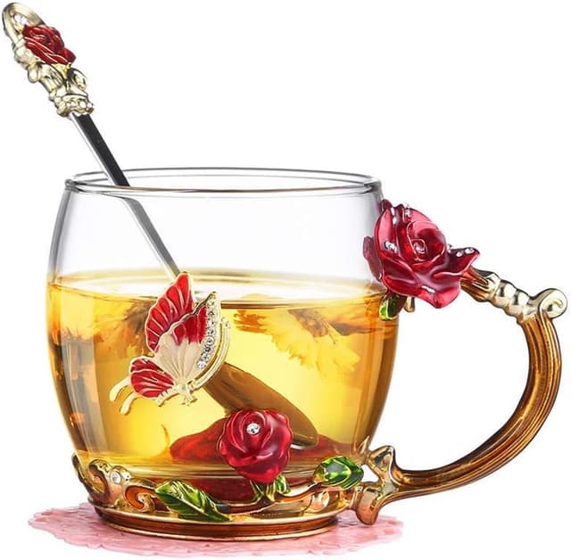 Detalle de Luka Tech Enamel Butterfly & Rose Lead-Free Glass Coffee Mug with Steel Spoon (Rose)