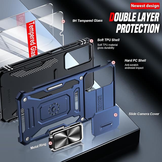 Detalle de LeYi Tough Defender case for Samsung Galaxy A25 5G with sliding camera lens cover and rotated ring stand (navy blue) + 2 screen protectors