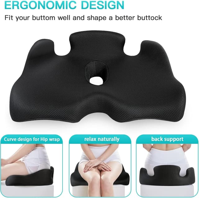 Detalle de Benazcap Memory Seat Cushion for Office Chairs – Firm Coccyx Pad for Sciatica & Back Pain Relief, Black