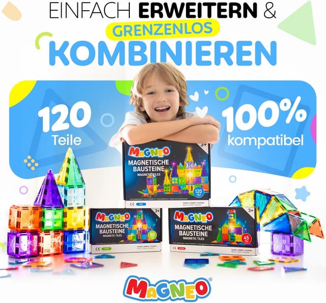 Thumbnail 4 de Magneo® Magnetische Bausteine (120-teilig inkl. 2 Autos) – Magnetspielzeug für Kinder ab 3 Jahren