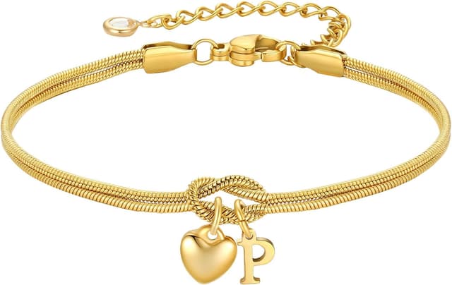 Detalle de TINGN Liebesknoten-Armband Gold Damen/Mädchen mit Buchstaben & personalisiertem Herz-Anhänger (18K vergoldet)