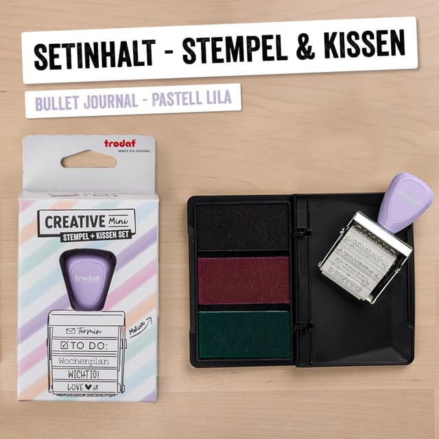 Detalle 2 de Trodat Creative : lot de mini tampons Bullet Journal violet pastel avec encreur 3 couleurs