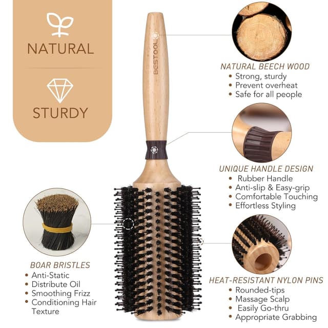 Detalle de BESTOOL Rundbürste zum Föhnen mit Wildschweinborsten und Nylonstiften (Barrel 38 mm) – fürs Glätten, Locken & mehr Glanz