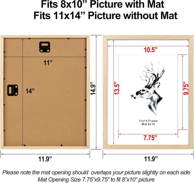 Detalle 2 de Yaetm 11x14 Wood Picture Frame Set (with Mat) for 8x10 Photos, Solid Oak Look, 4-Pack